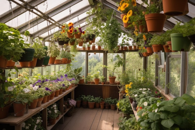 Greenhouse with shelves of plants and hanging baskets created with generative ai