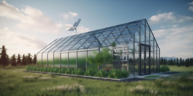 A greenhouse with a solar panel on the roof