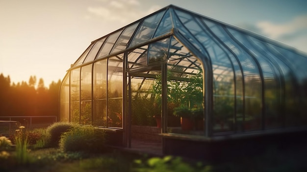 A greenhouse with a sunset in the background