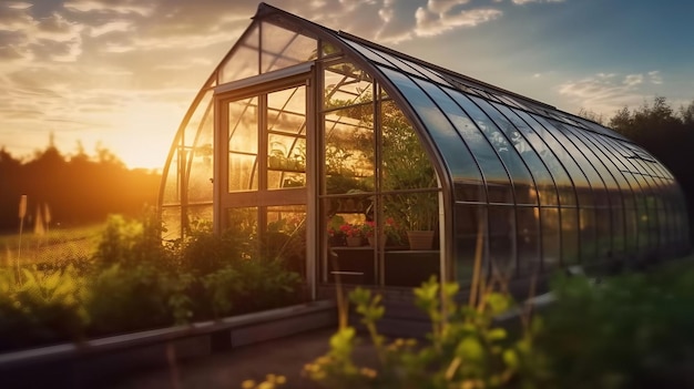 A greenhouse with a sunset in the background