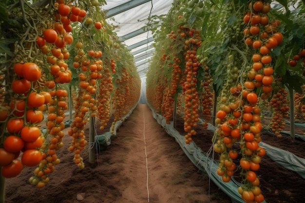 A greenhouse with tomatoes hanging from the ceiling