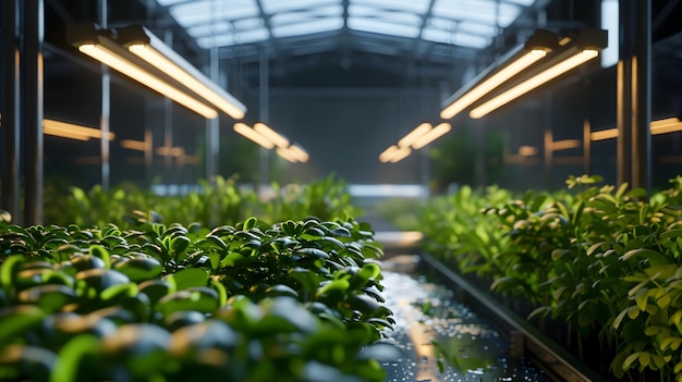 人工 照明 の 下 で 熱帯 植物 を 植え た 温室