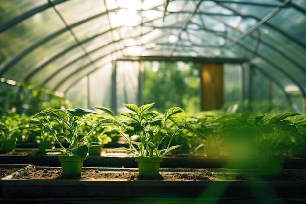 Greenhouse with a variety of greens and vegetables that grow lush in a protected environment Generative AI