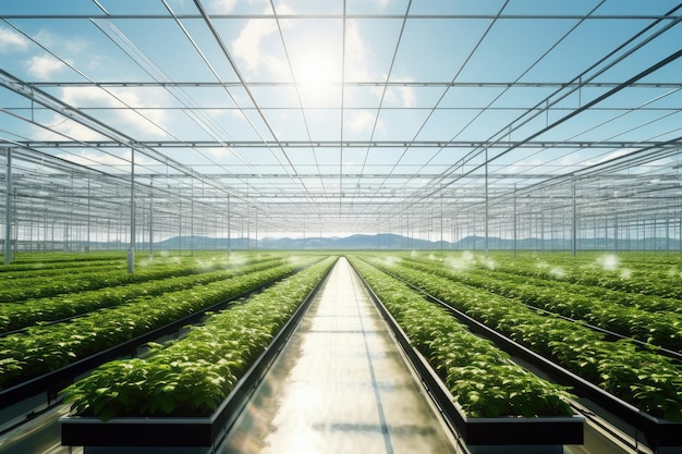 Greenhouse with a variety of greens and vegetables that grow lush in a protected environment Generative AI