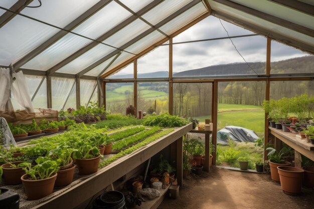 Greenhouse with view of rolling hills and farmland created with generative ai