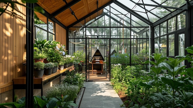a greenhouse with a wooden roof and a glass door that says quot garden