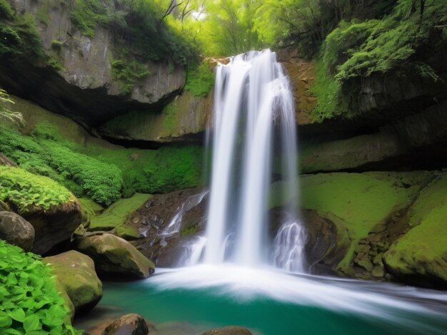 A greenpetaled waterfall cascading down rocks