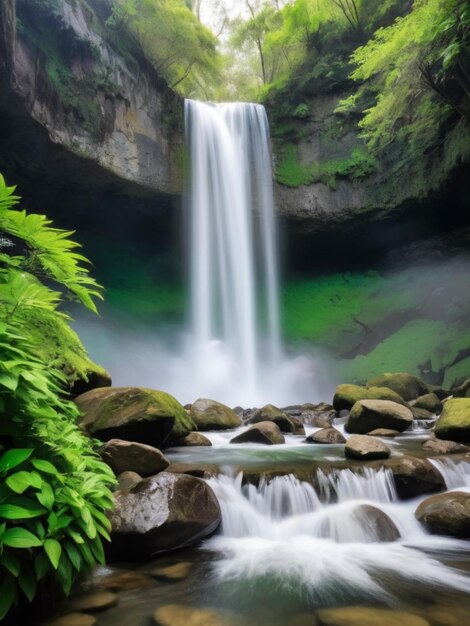 A greenpetaled waterfall cascading down rocks