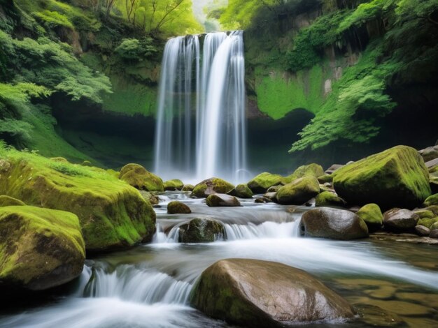 A greenpetaled waterfall cascading down rocks