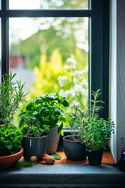 greens in flowerpots in the kitchen Selective focus