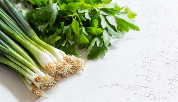 Photo greens and herbs food on the white background