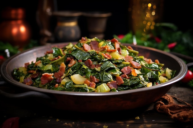 Greens with braised pancetta and garlic chris