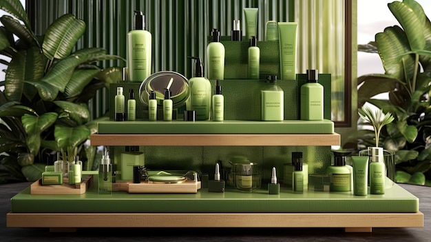 Greenthemed cosmetica op een houten podium fotorealistisch