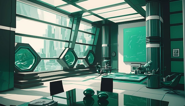 Футуристический интерьер в зеленых тонах с элегантным дизайном, цифровая художественная иллюстрация, генерация AI