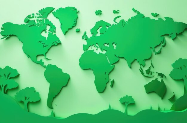 A greentoned 3D world map with paper cutout style continents and trees representing