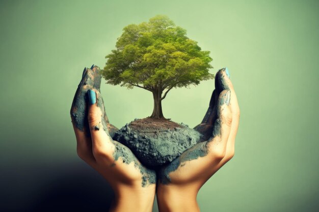 greenwashing illustration of a green tree in hands on a green background