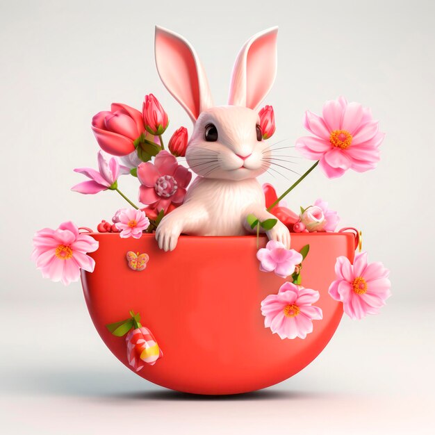 Greeting basket with flowers and a rabbit for a greeting card