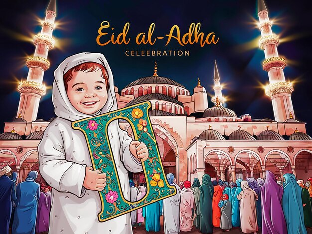 アラビア語のカリグラフィーでイード・アル・アダ (Eid al-Adha) を描いたメッセージカード