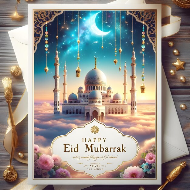 Photo a greeting card of arabic festival with a picture of a mosque and the words eid mubarak