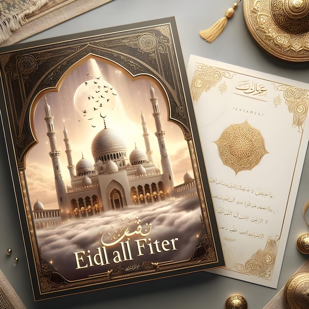 Photo a greeting card of arabic festival with a picture of a mosque and the words eid mubarak