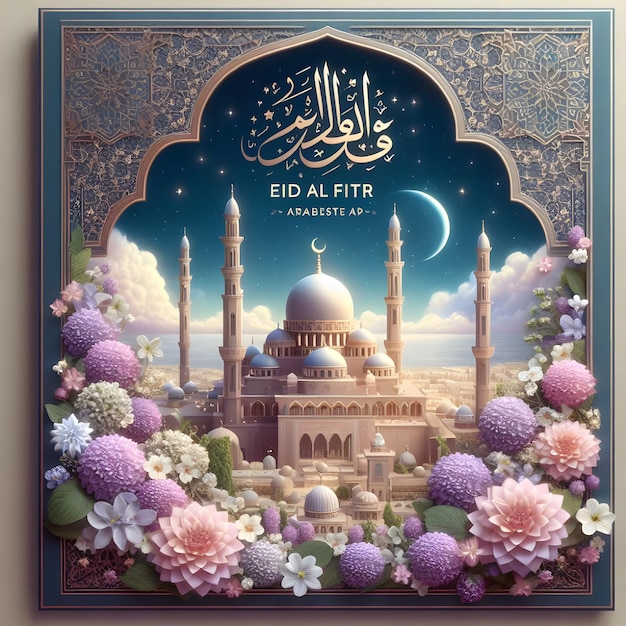 A greeting card of Arabic festival with a picture of a mosque and the words Eid Mubarak