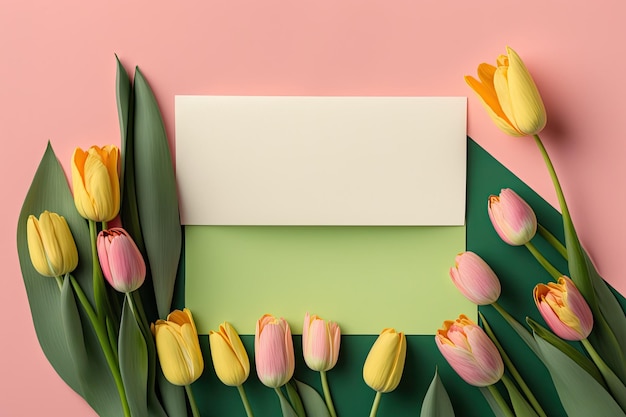 화려한 봄 튤립과 분홍색 나무 배경이 보이는 연하장과 봉투