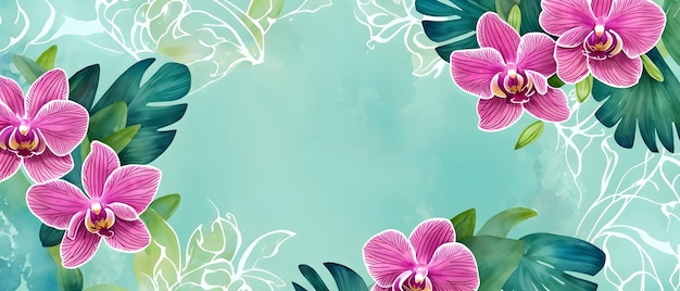 Foto bordo della cornice del biglietto d'auguri con fiori acquerelli, orchidee e foglie design tropicale