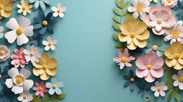 Foto modello di invito per biglietti di auguri 3d hello spring banner con fiori e foglie colorati