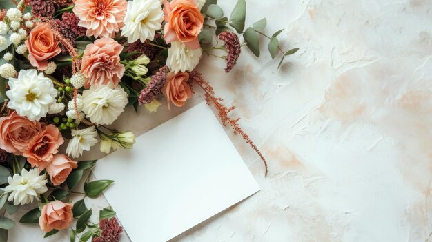 写真 グリーティングカードのレイアウト 小さな結婚式の花束とテキストのスペース