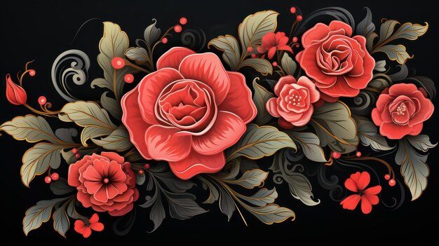 Greeting card met rode rozen en bladeren op een zwarte achtergrond Vector illustratie