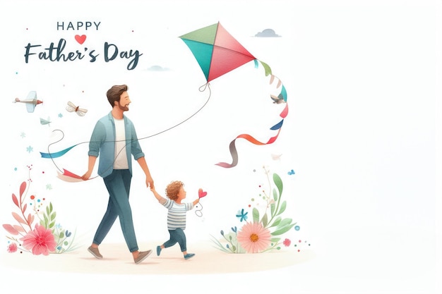 Greeting card ontwerp voor Vadersdag wenschen en vieren waterverf foto van vader en zoon vliegen een vlieger