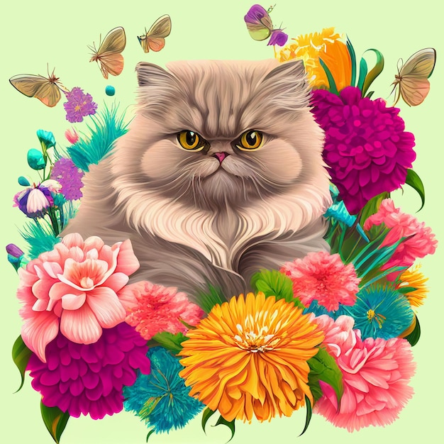 Greeting card Persian Cat with flowers Poster Print