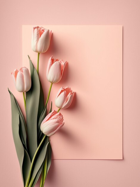 Greeting card pink tulip flowers over pink background with copy space Generative AI