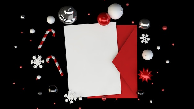 Greeting card and red envelope with Christmas decoration elements on black