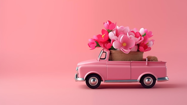 Photo greeting card retro car delivering flowers holiday mood concept womens day pink background