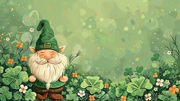 Greeting card for Saint Patricks Day with gnome and clover Vector illustration