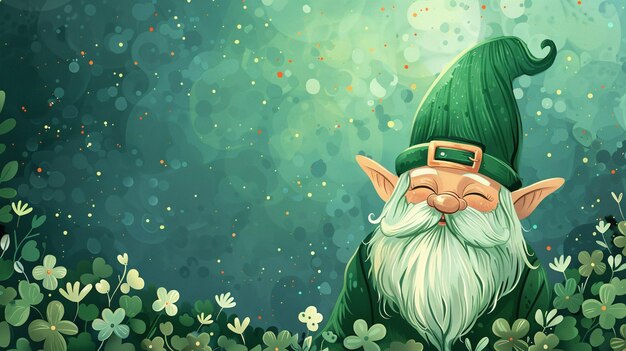 Greeting card for Saint Patricks Day with gnome and clover Vector illustration