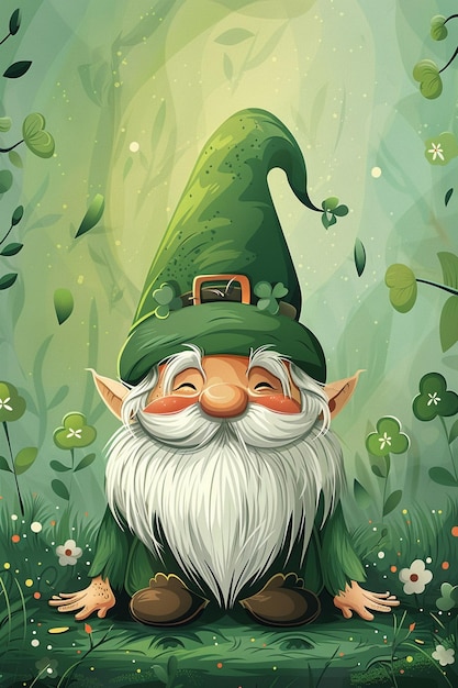 Greeting card for Saint Patricks Day with gnome and clover Vector illustration