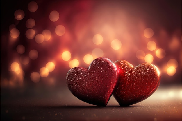 Greeting card for Saint Valentine's Day with two red hearts on a bokeh background.