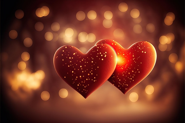 Greeting card for Saint Valentine's Day with two red hearts on a bokeh background.