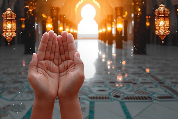 Greeting card scene Hand raised in prayer for Ramadan Mubarak