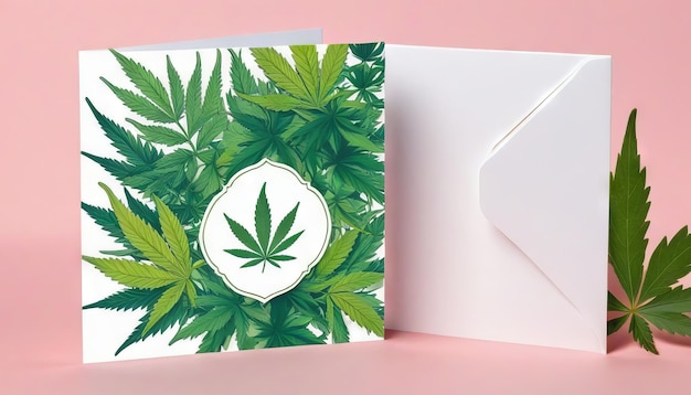 Photo greeting card template decorated with marijuana leaves leave space for text