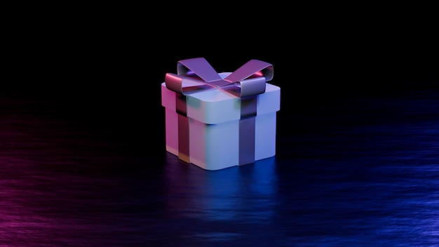 Foto biglietto di auguri con scatola regalo illuminazione al neon rendering 3d