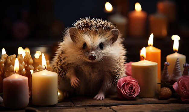 Greeting card with a hedgehog on a blurred background Selective soft focus