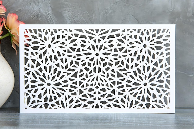 Photo greeting card with intricate arabic paper graphic of islamic geometric art