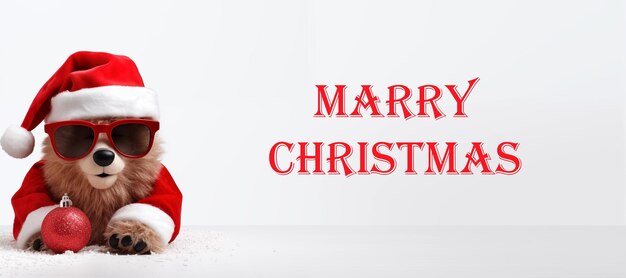 Поздравительная открытка с надписью "Счастливого Рождества" и милым плюшевым медведем в костюме Санта-Клауса и красном