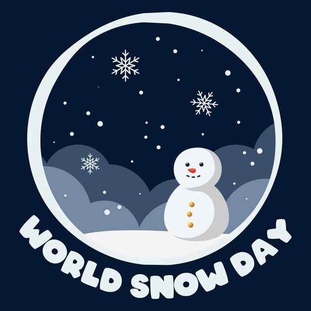 greeting card with text world snow day dark background with snow snowdrifts and snowman vector illustration in cartoon style