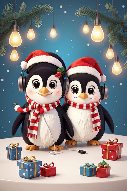 写真 クリスマス・クリスマス・カート・インビテーション ペンギンとイヤホン ライトボルブとプレゼント クリスマス・バックグラウンド ベクトル・フラット・カートゥーン・スタイル クリスマス・カット・アニマル