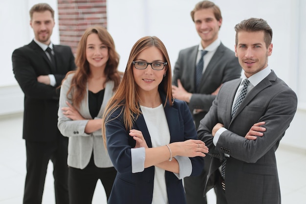 Greeting gesture business woman smiling