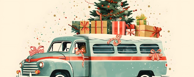 Greeting Postcard with retro car with a Christmas tree and gifts Christmas truck with signboard lett